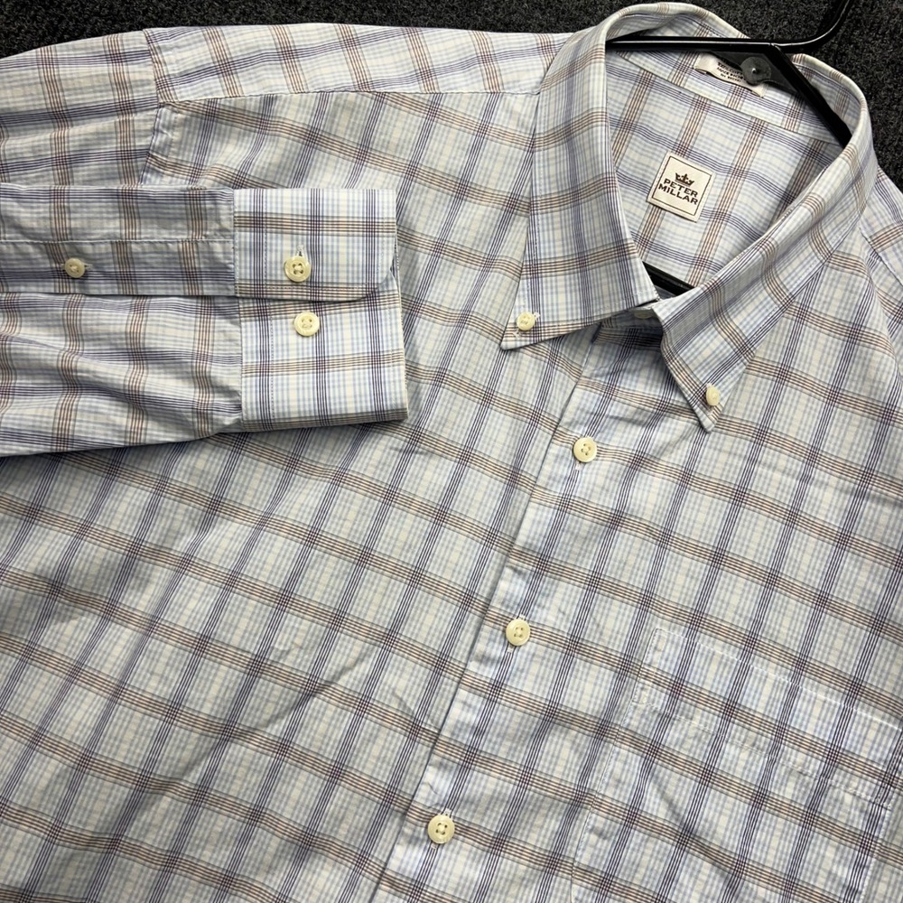 Peter Millar Mens XL Button Down Shirt Long Sleeve Plaid Blue Tan Cotton 2838